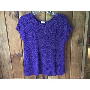 Chicos Purple Crochet Top Size M 100% Cotton Capped Sleeves Casual Cottage Boho